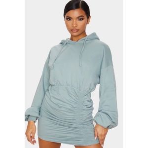 NWOT Dusty Blue Ruched Skirt Hoodie Dress, Size 10, from Pretty Little Thing